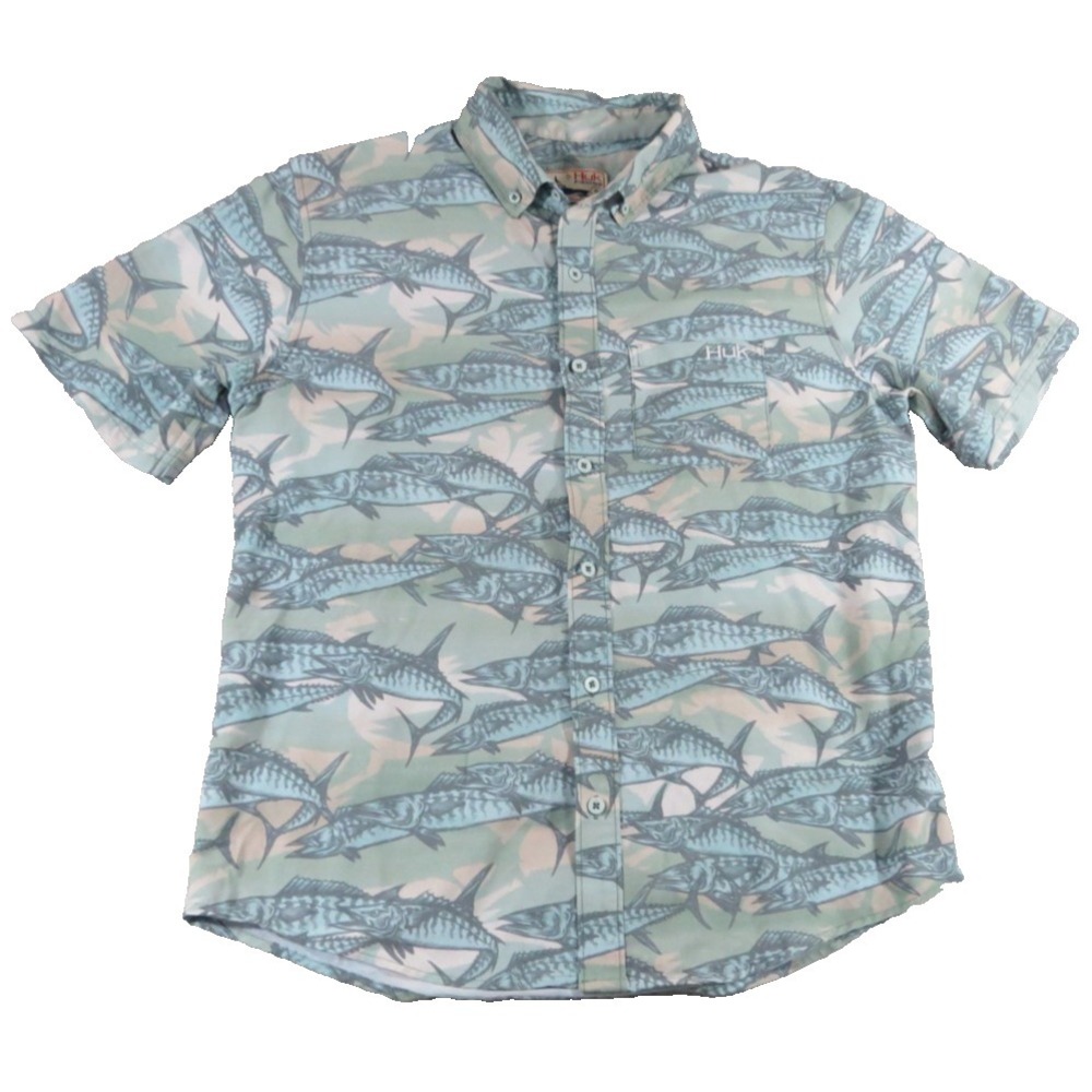 Huk Kona Men S Mackerel Ocean Fish Camo Short Sleeve Button Down Vent Shirt Top